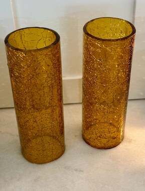 RARE Pair VTG Blenko Jonquil Yellow Crackle Glass Hurricane Chimney Shades